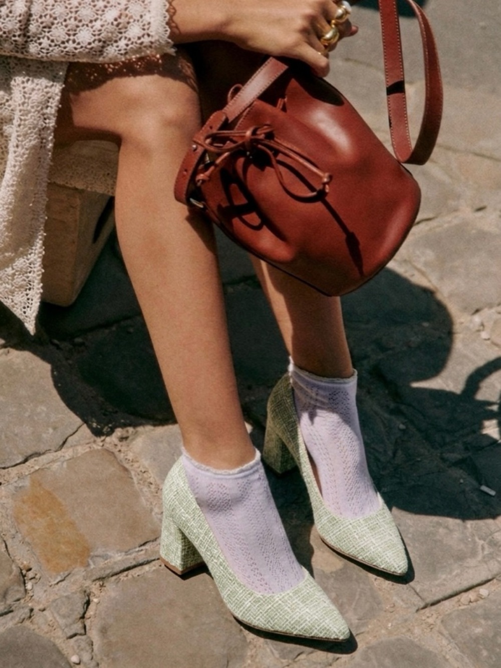 Marc Fisher Zala Block Heel Pointy Toe Pump Textured Green Bouclé Dress Pumps